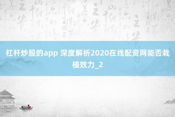 杠杆炒股的app 深度解析2020在线配资网能否栽植效力_2